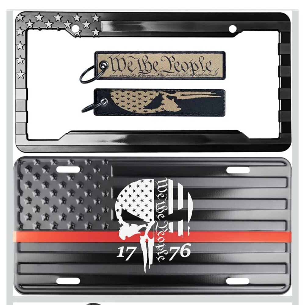 We The People Thin Red Line American Flag License Plate, Frame and key tag combo